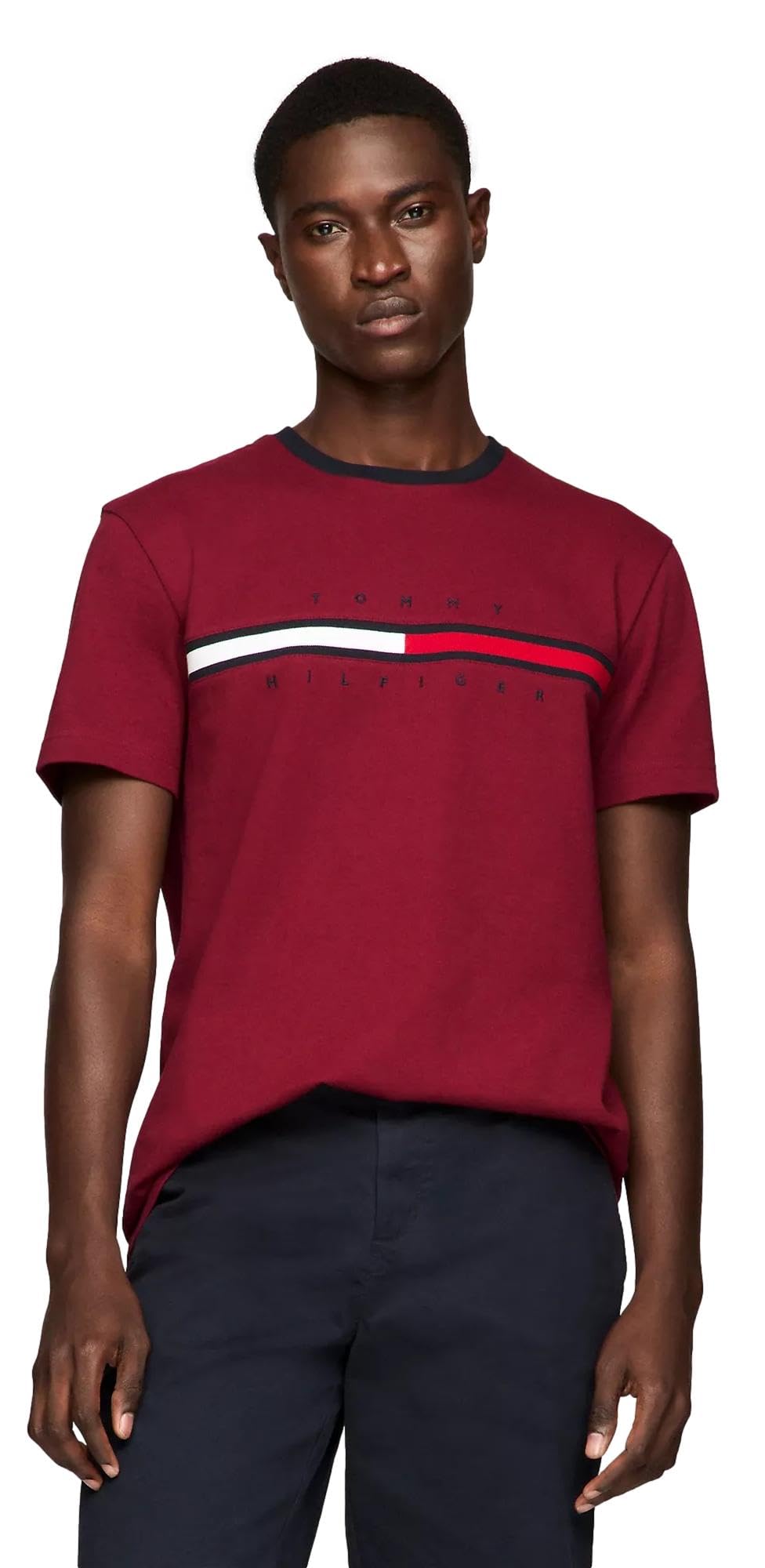 Tommy Hilfiger Mens Regular Fit Flag Embroidered Crew Neck T-Shirt Rouge XL