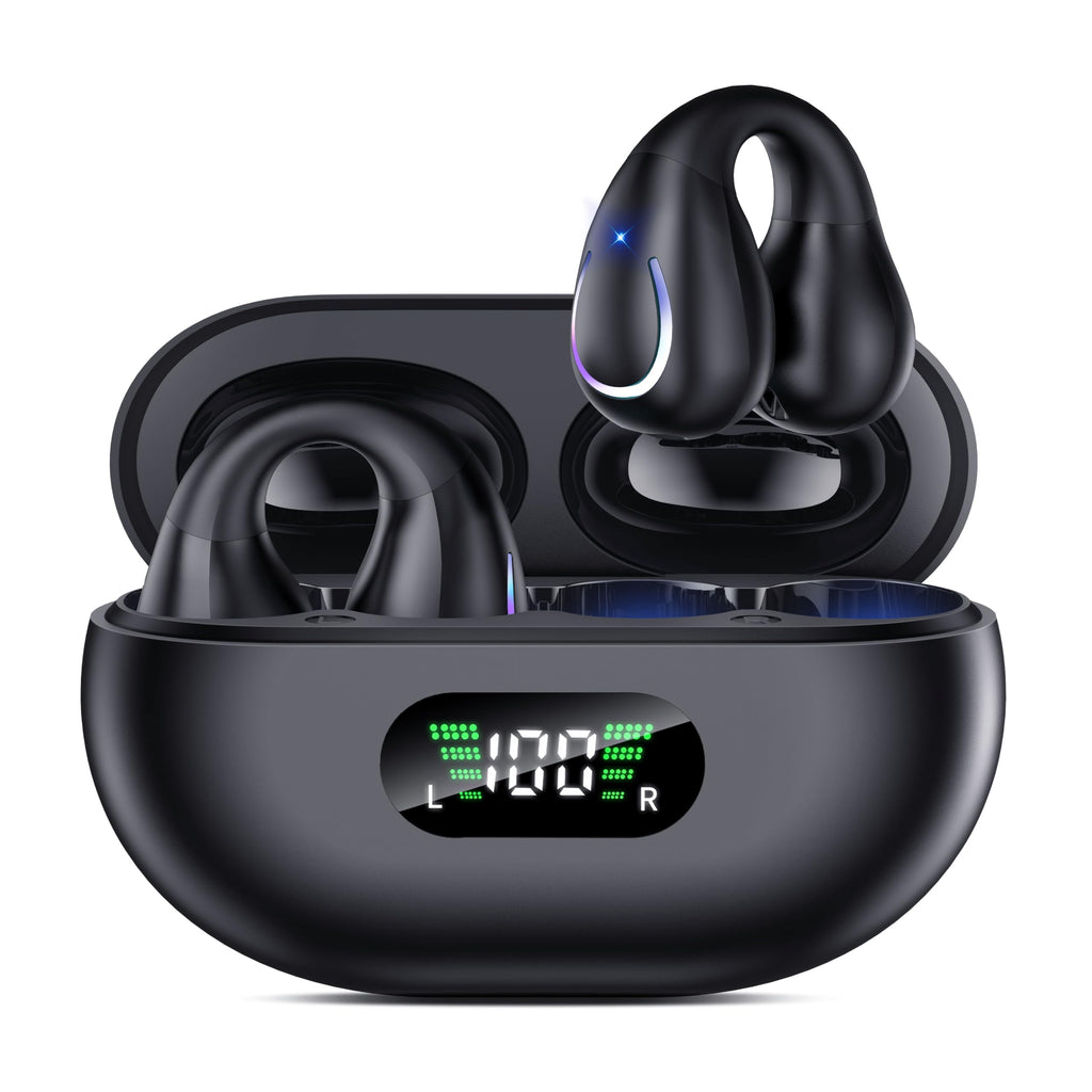 Open Ear Clip Wireless Earbuds Bluetooth 5.3 Sports Earphones Built-in Microphone with Earhooks & Ear Hook Wireless Charging Case & Display Waterproof Fitness Headphones for Running