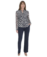 Tommy Hilfiger Womens Long Sleeve Ruffle V-Neck Blouse Midnight/Ivory X-Small
