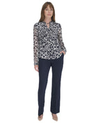 Tommy Hilfiger Womens Long Sleeve Ruffle V-Neck Blouse Midnight/Ivory X-Small