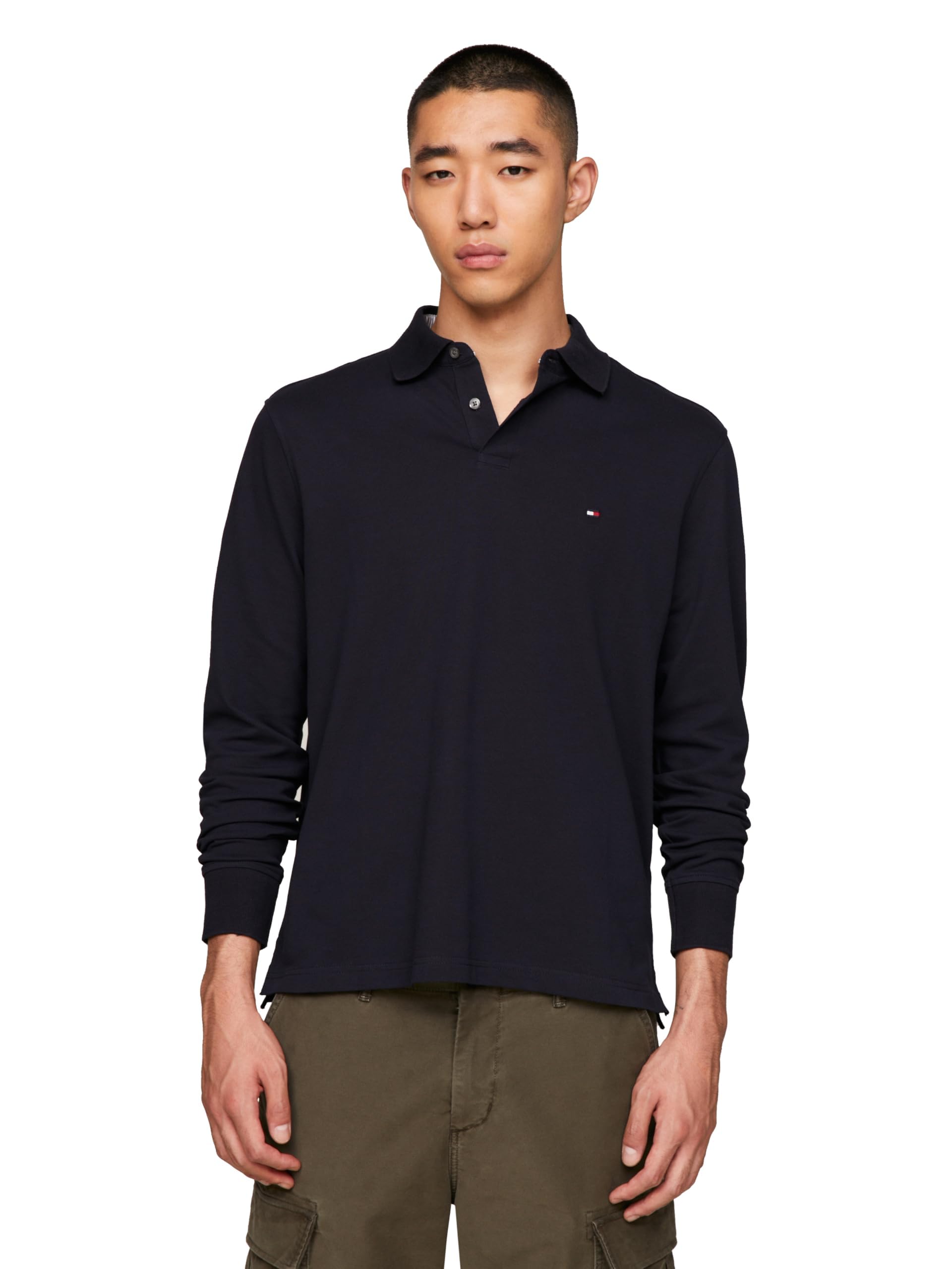 Tommy Hilfiger Mens Long Sleeve Polo Shirts in Regular Fit with Stretch and Organic Pique Cotton Desert Sky