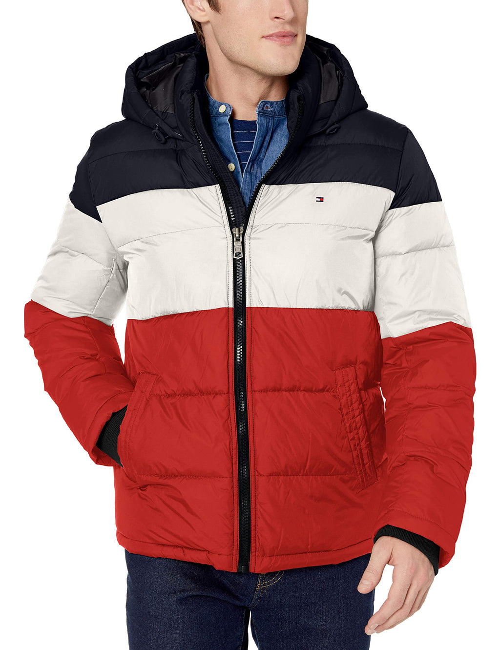 Tommy Hilfiger Mens Classic Hooded Puffer Jacket (Standard and Big & Tall) midnight/ice/orange color Block X-Large