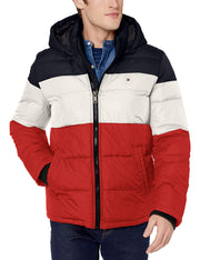 Tommy Hilfiger Mens Classic Hooded Puffer Jacket (Standard and Big & Tall) midnight/ice/orange color Block X-Large
