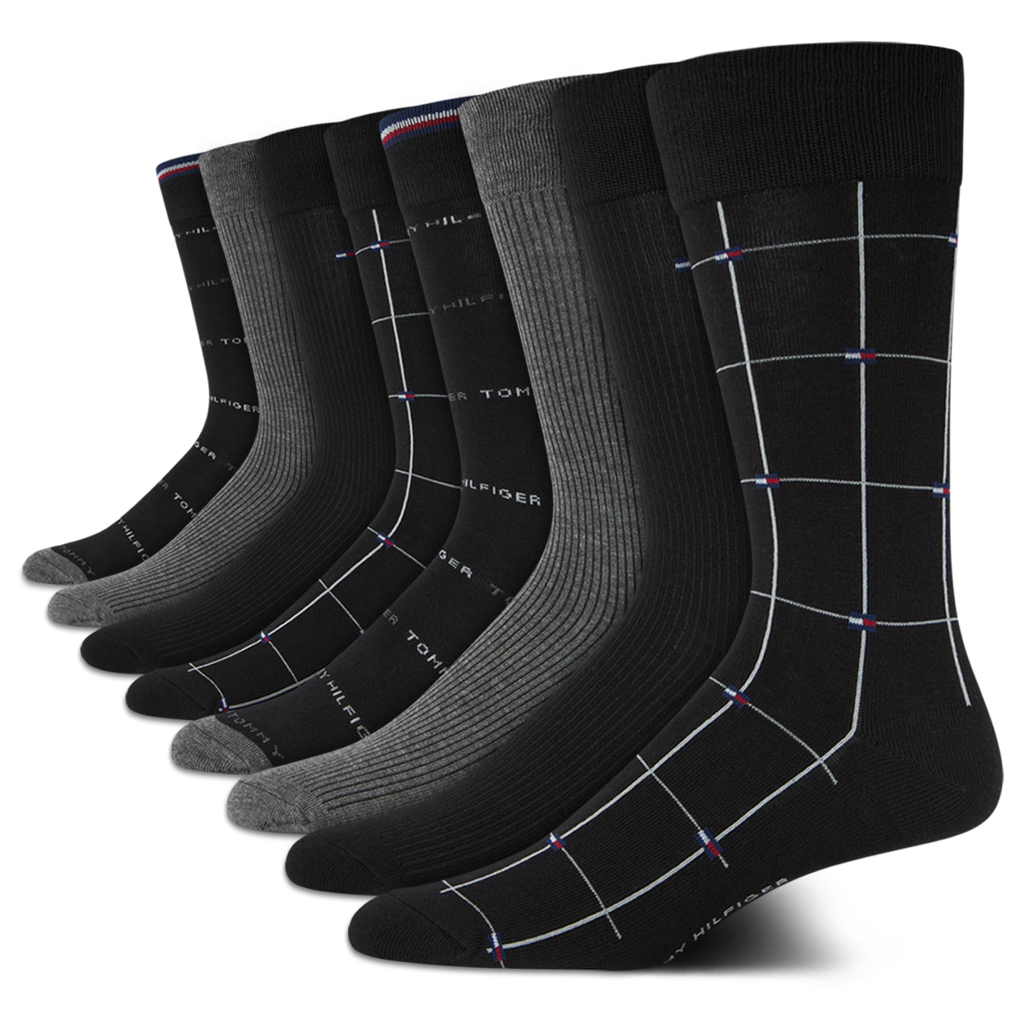 Tommy Hilfiger Mens Dress Socks - 8 Pack Comfort Stretch Crew Socks for Men - Crew Length Breathable Mens Work Socks (7-12) Size 7-12 BlackGrey