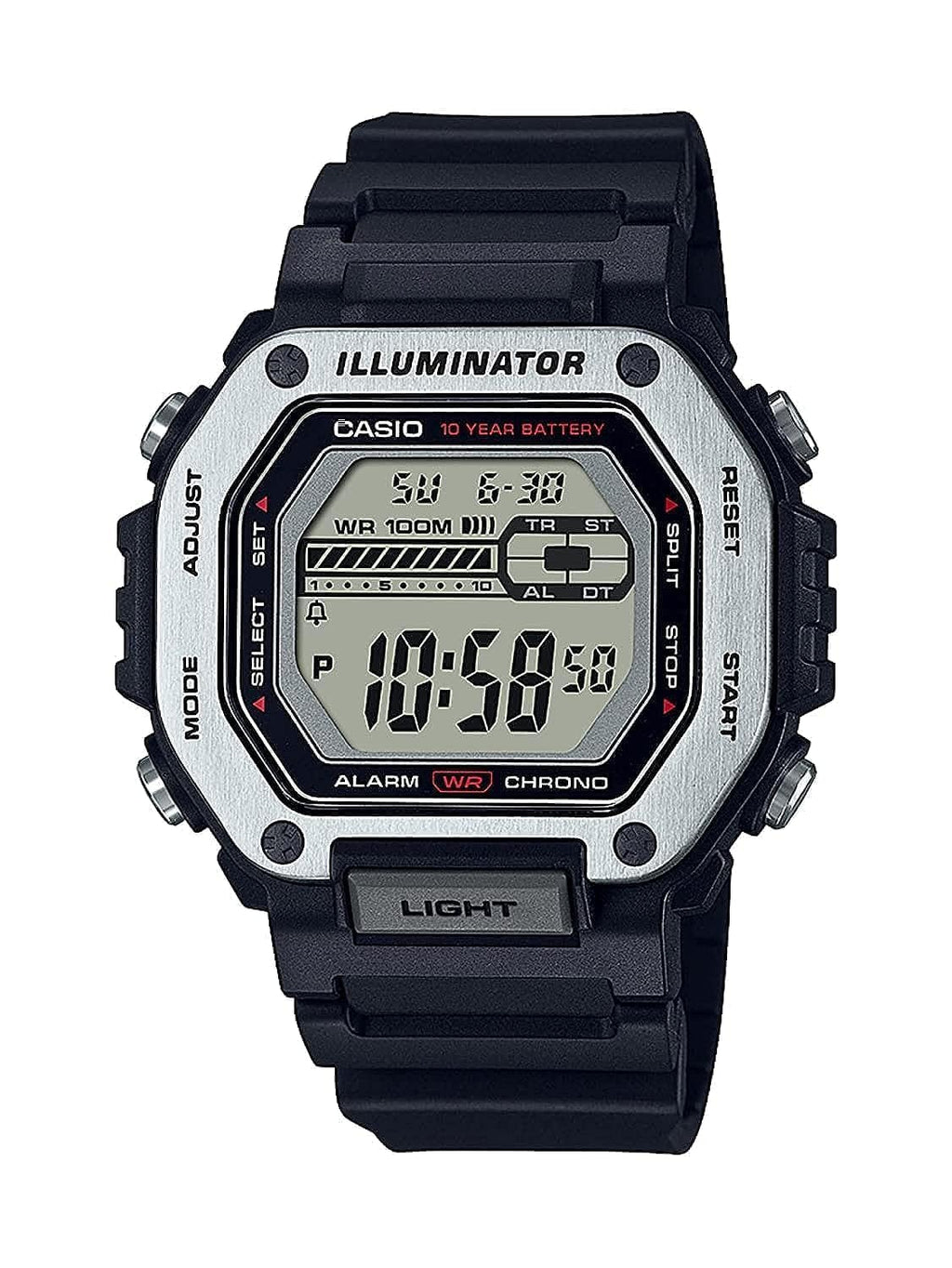 Casio LED Illuminator Dual-Time 1/100-Second Stopwatch w/ 5 Multi-Function Alarms MWD-110H-1AV