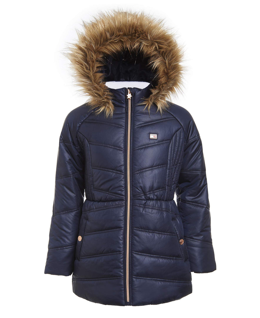 Tommy Hilfiger Girls Long Length Heavyweight Puffer Jacket With Polar Fleece Lining & Faux Fur Hood Swim Navy Chevron 7