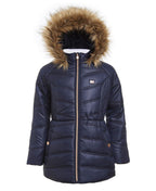 Tommy Hilfiger Girls Long Length Heavyweight Puffer Jacket With Polar Fleece Lining & Faux Fur Hood Swim Navy Chevron 7