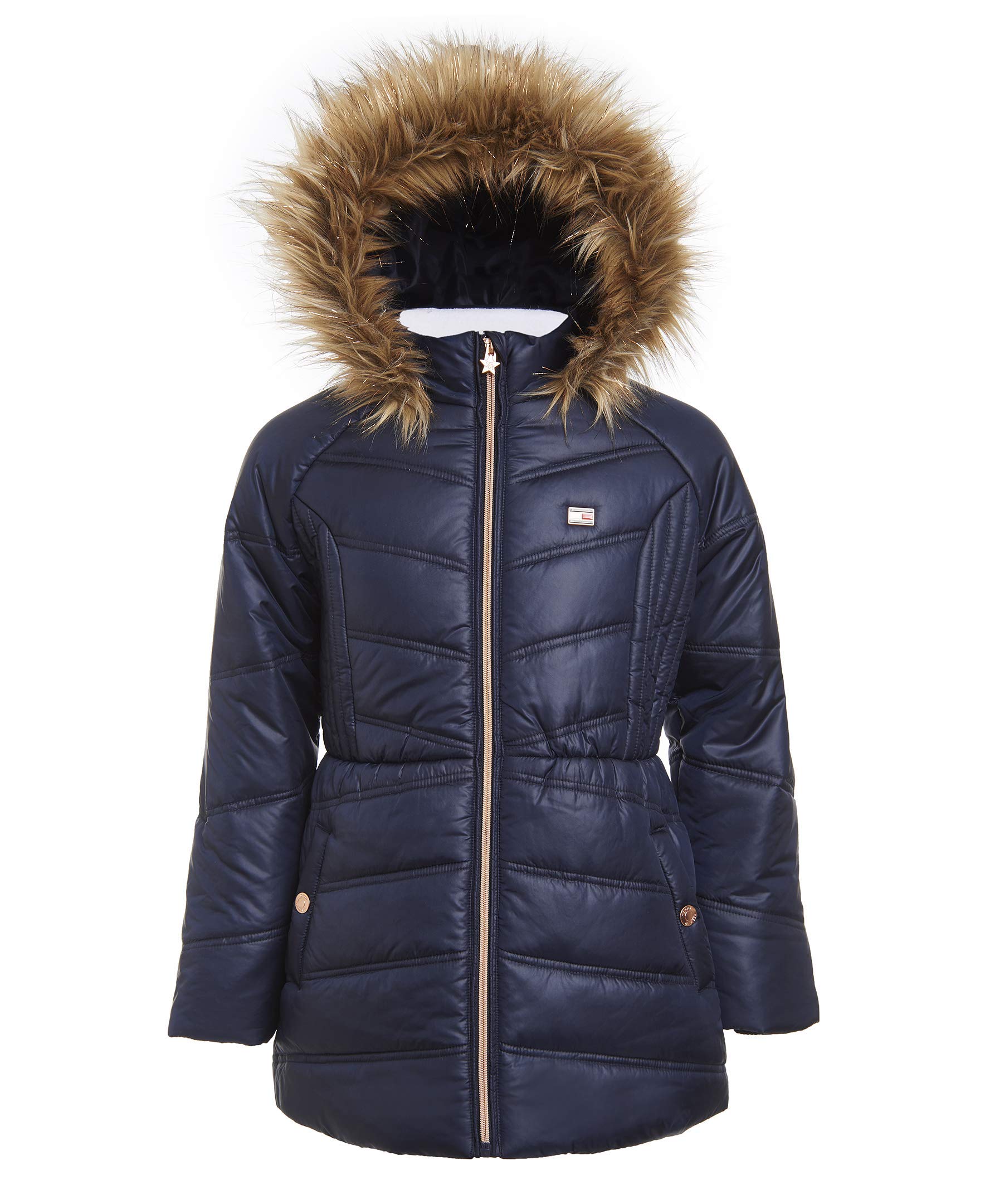 Tommy Hilfiger Girls Long Length Heavyweight Puffer Jacket With Polar Fleece Lining & Faux Fur Hood Swim Navy Chevron 7