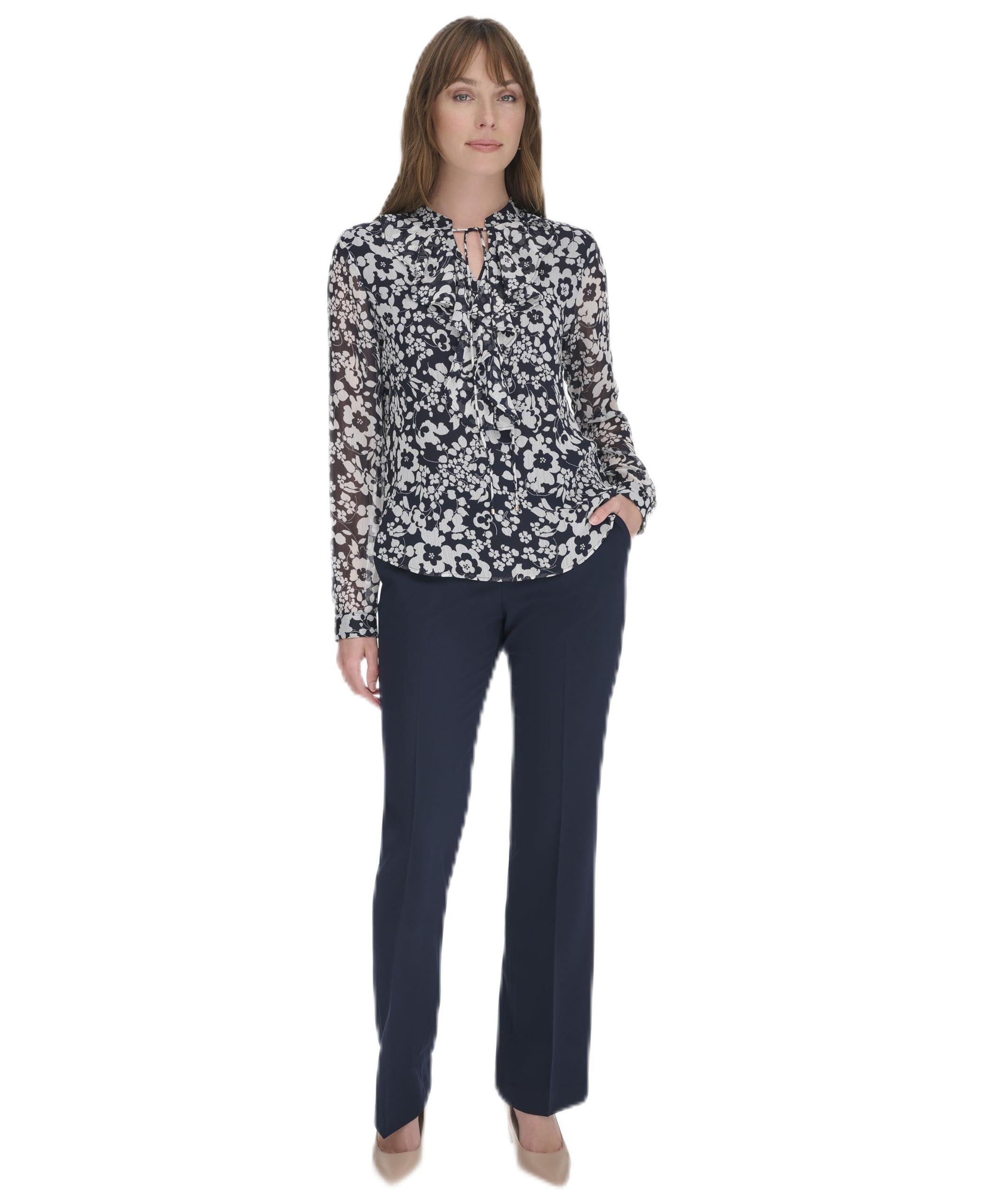 Tommy Hilfiger Womens Long Sleeve Ruffle V-Neck Blouse Midnight/Ivory X-Small