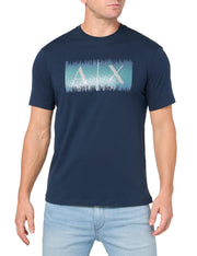 A | X ARMANI EXCHANGE Mens Regular Fit Cotton Colored Lines Box Logo Tee Navy Blazer