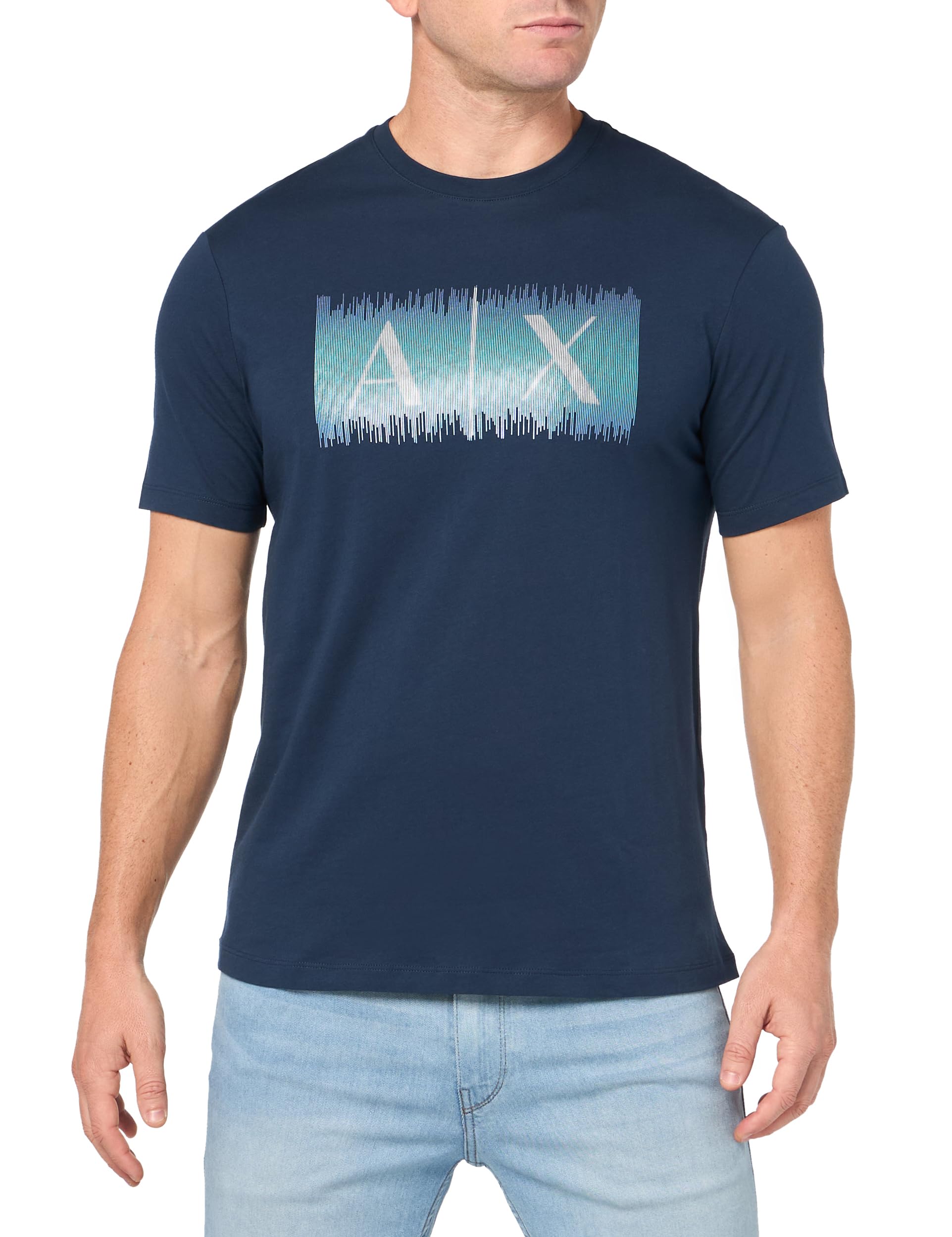 A | X ARMANI EXCHANGE Mens Regular Fit Cotton Colored Lines Box Logo Tee Navy Blazer