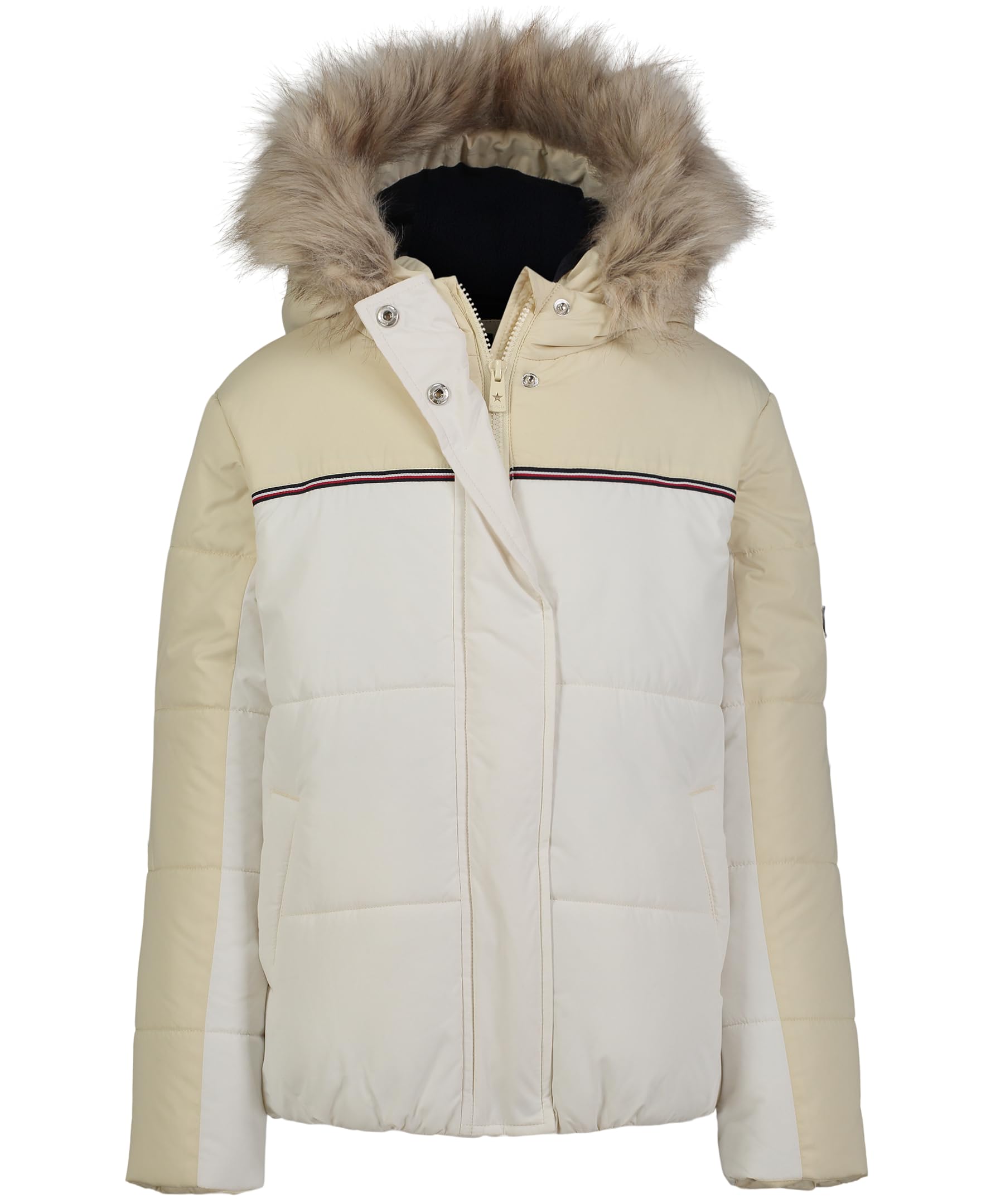 Tommy Hilfiger Girls Short Length Heavyweight Puffer Jacket With Polar Fleece Lining & Faux Fur Hood Egret Expedition 4