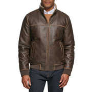Tommy Hilfiger Mens Smooth Lamb Touch Faux Leather Unfilled Bomber Windbreaker Jacket Brown Sherpa Collar X-Large