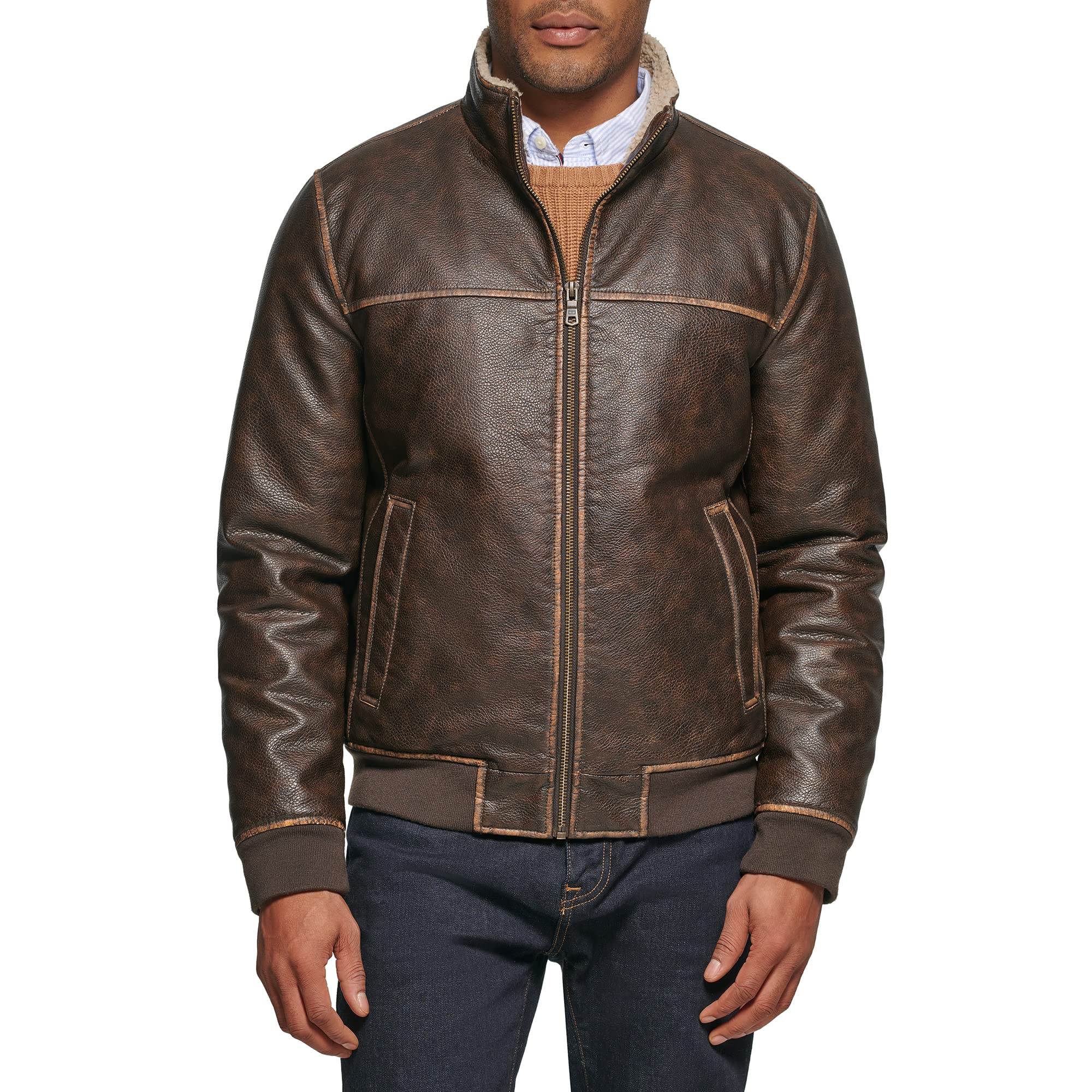 Tommy Hilfiger Mens Smooth Lamb Touch Faux Leather Unfilled Bomber Windbreaker Jacket Brown Sherpa Collar X-Large