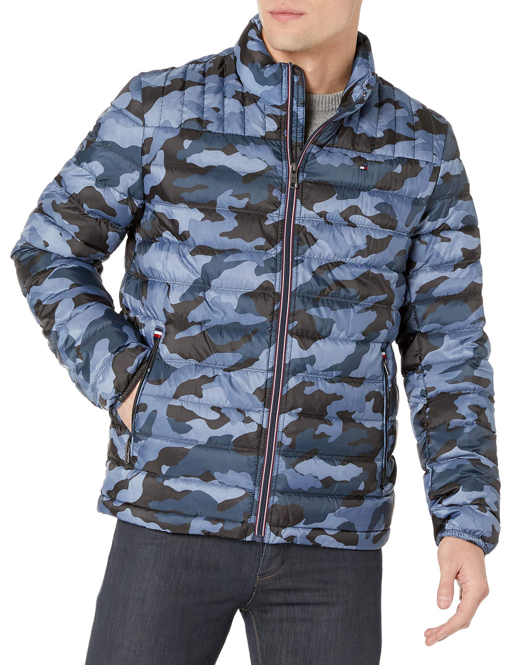 Tommy Hilfiger Mens Real Down Insulated Packable Puffer Jacket Blue Camo Small